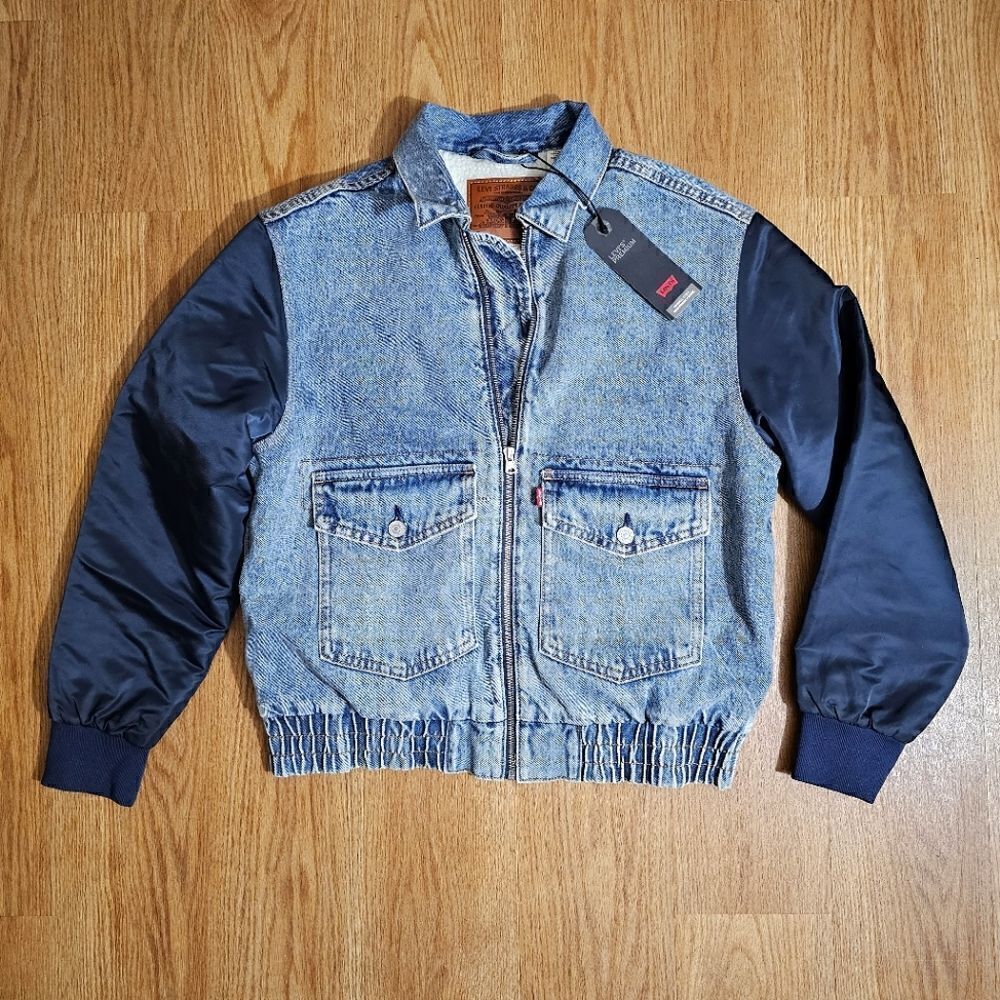 Levi's Premium Sherpa Bomber Jacket Small S Medium Wash Navy Satin 90s Vintage